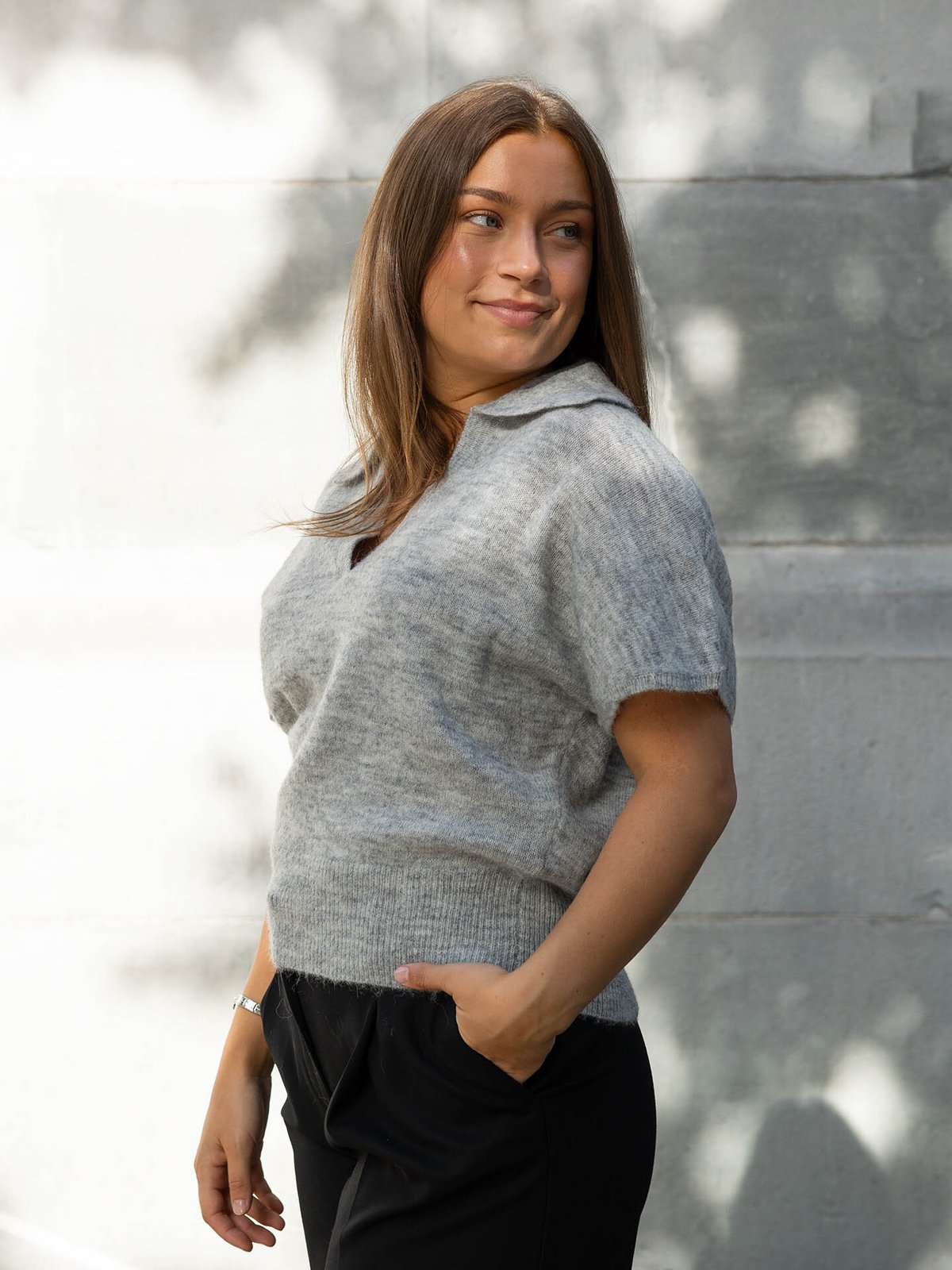 Selected Femme Lulu Short Sleeve Knit Polo Light Grey Melange