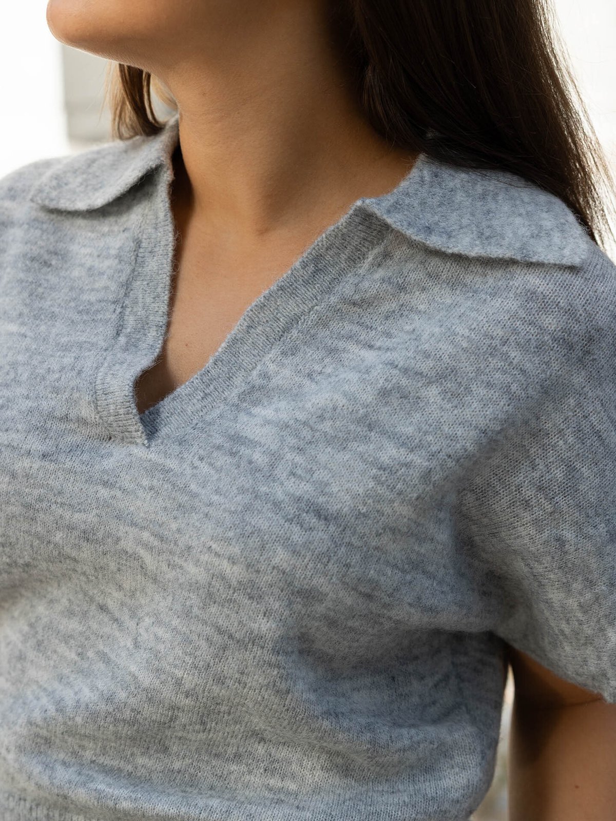 Selected Femme Lulu Short Sleeve Knit Polo Light Grey Melange