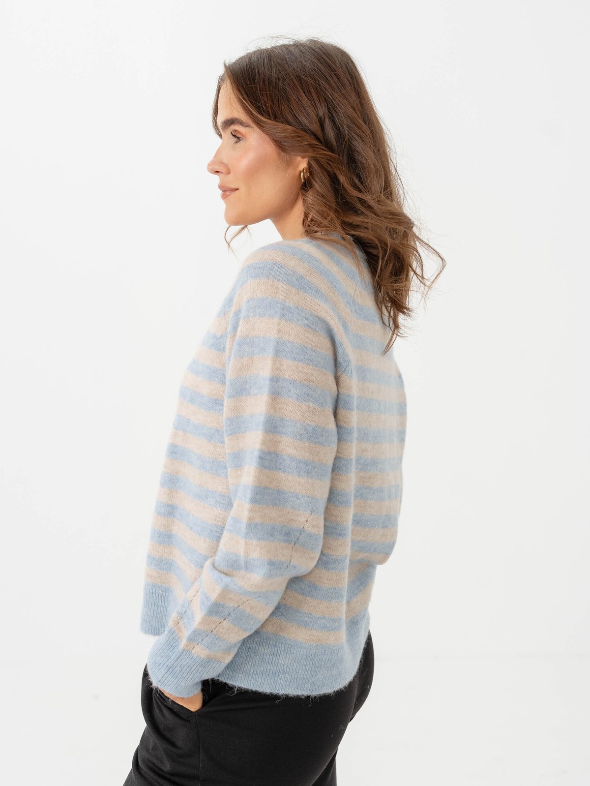 Selected Femme Lulu Long Sleeve Knit Short Stripe Cardigan Cashmere Blue/Birch
