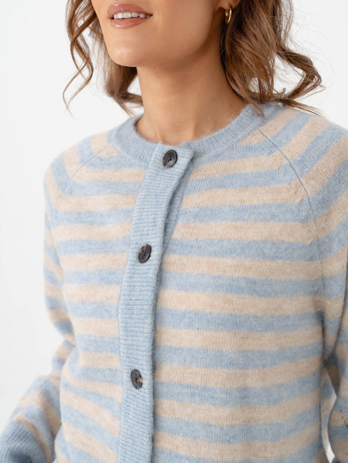 Selected Femme Lulu Long Sleeve Knit Short Stripe Cardigan Cashmere Blue/Birch