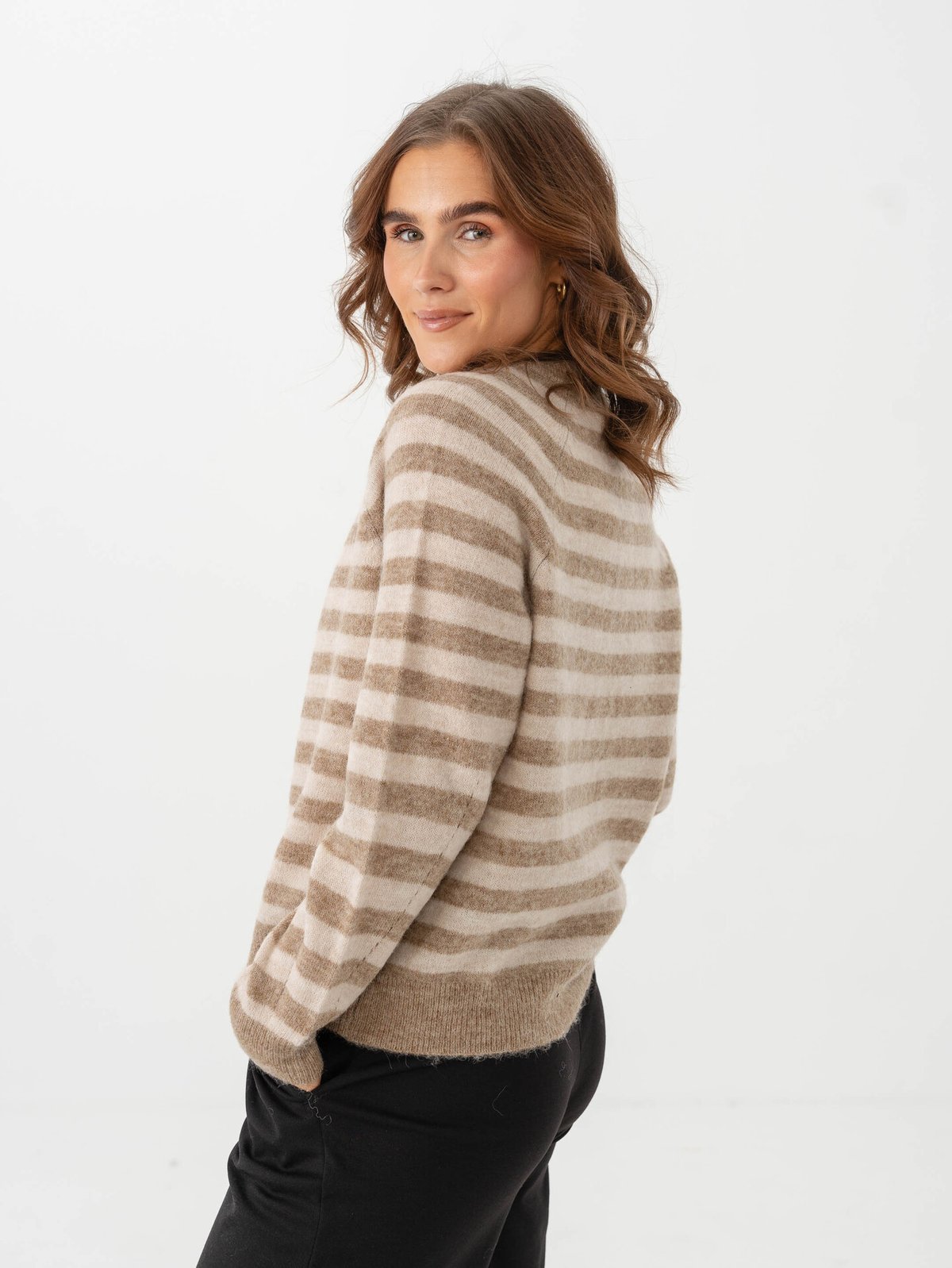 Selected Femme Lulu Long Sleeve Knit Short Stripe Cardigan Sepia Tint/Birch