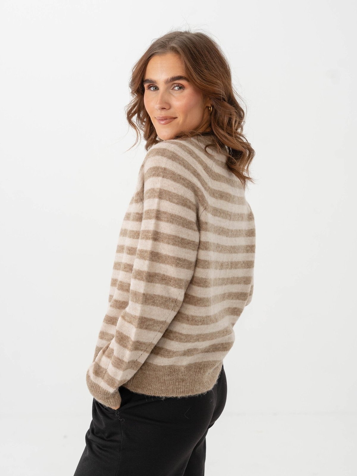 Selected Femme Lulu Long Sleeve Knit Short Stripe Cardigan Sepia Tint/Birch