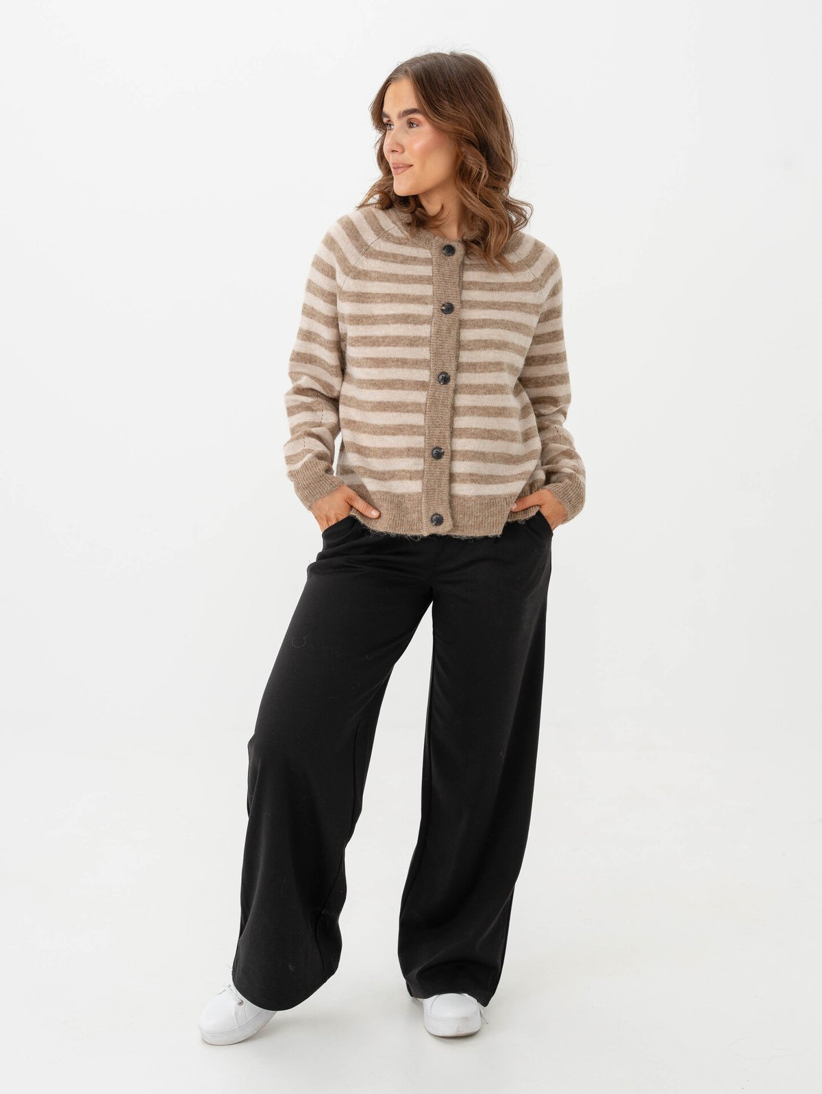 Selected Femme Lulu Long Sleeve Knit Short Stripe Cardigan Sepia Tint/Birch