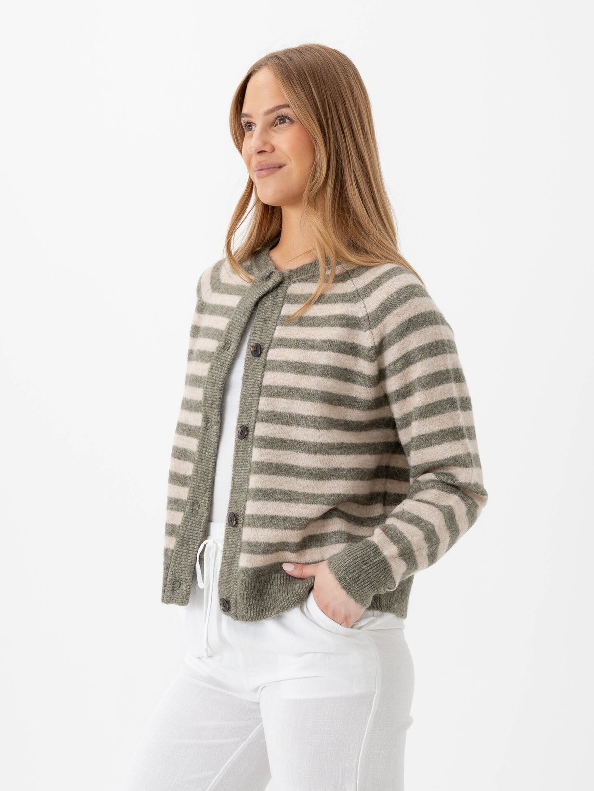 Selected Femme Lulu Long Sleeve Knit Short Stripe Cardigan Vetiver