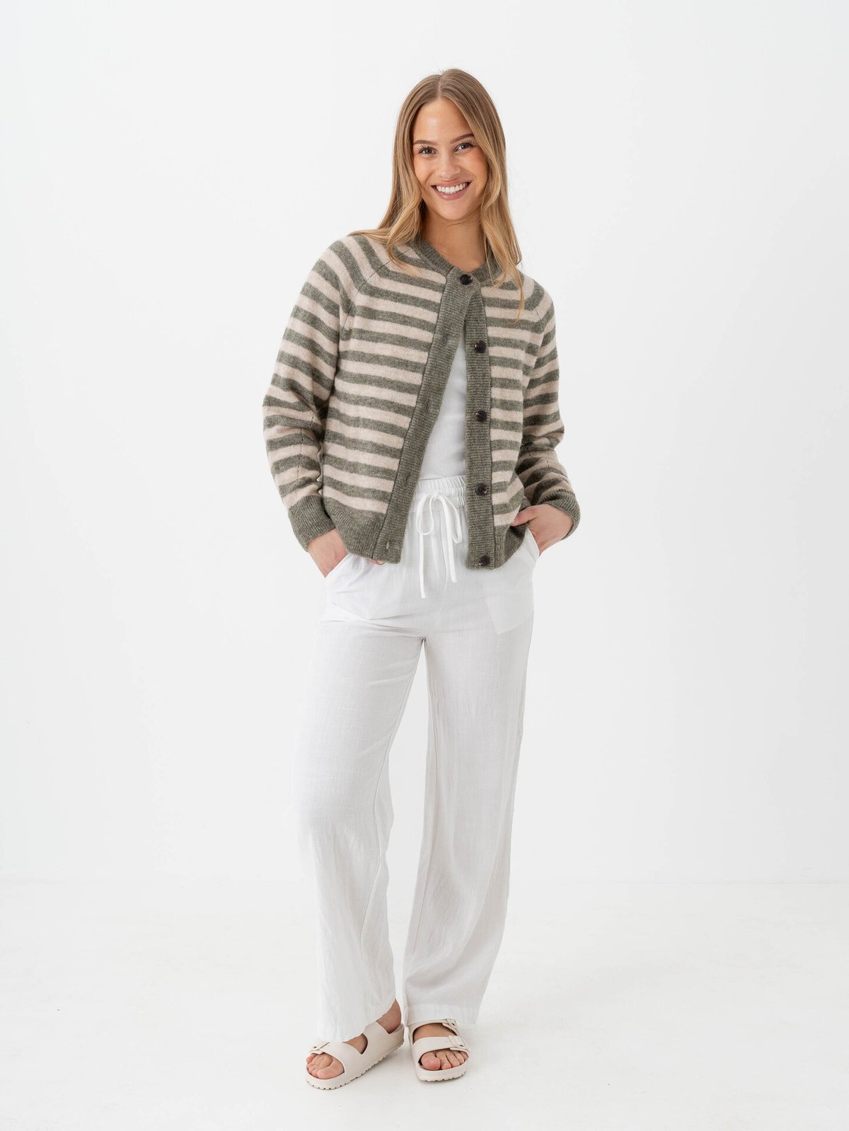Selected Femme Lulu Long Sleeve Knit Short Stripe Cardigan Vetiver