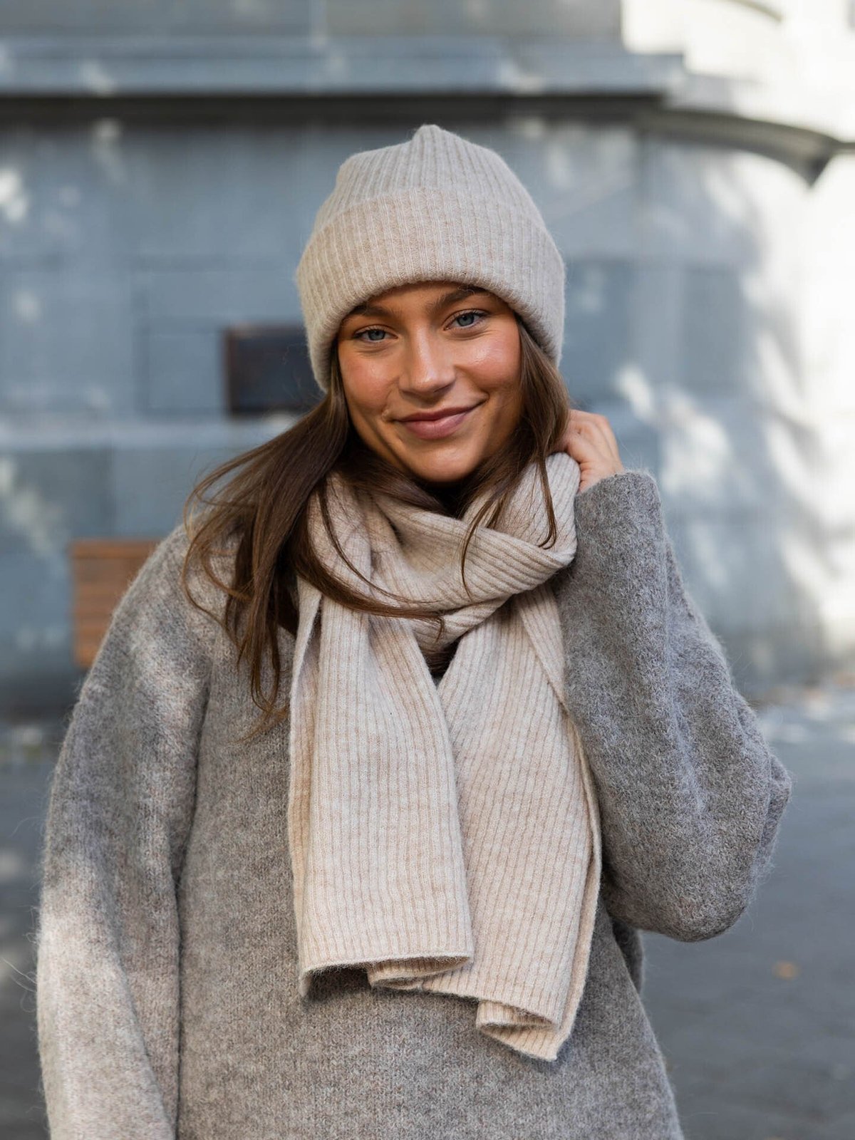 Selected Femme Lulu Lano Narrow Knit Scarf Birch MELANGE