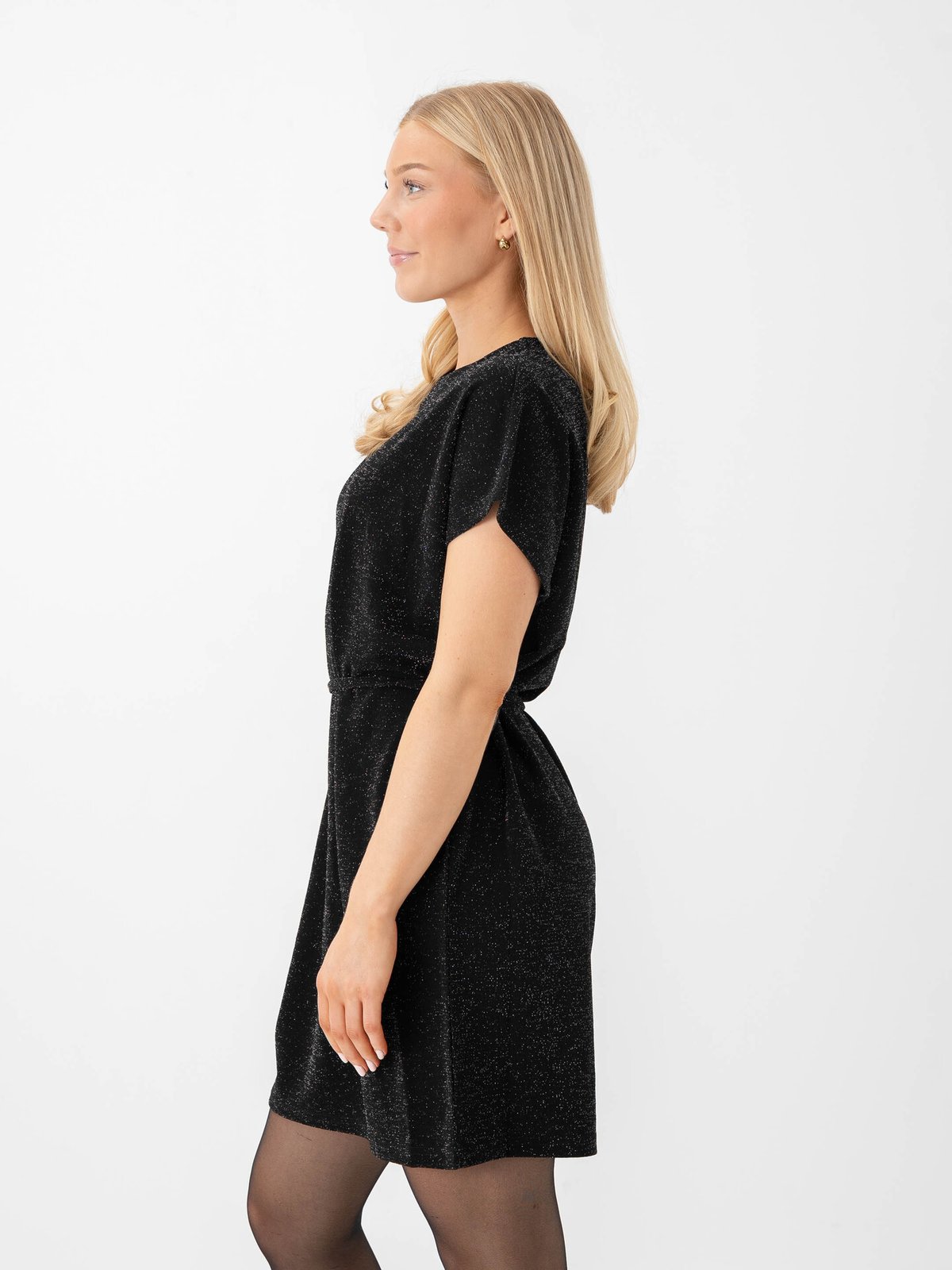 Selected Femme Oversized Sandra Short Sleeve Short Dress Black With Silver Lurex