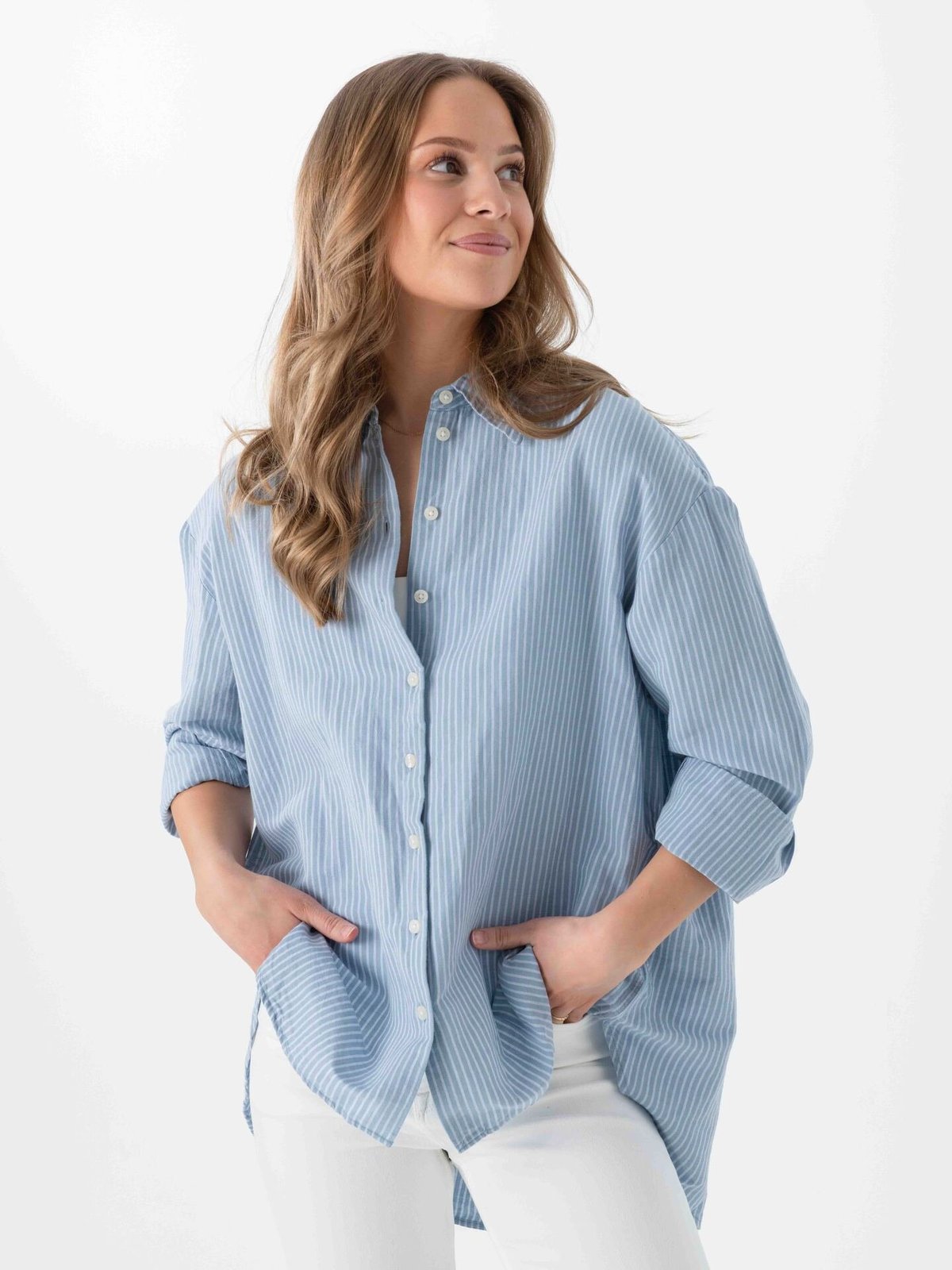 Selected Femme Cleo Oversize Linen Blend Shirt Dusty Blue / Bright White