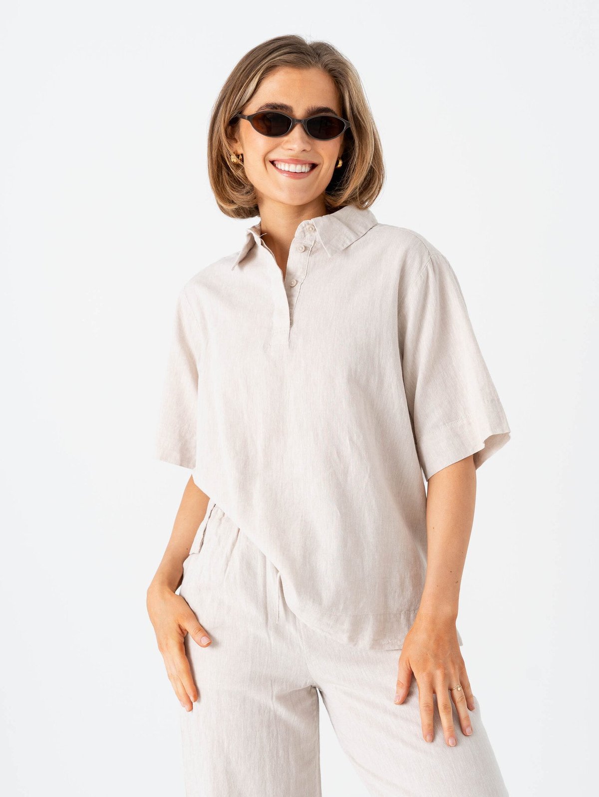 Selected Femme Luisa Linen Blend Polo Sandshell