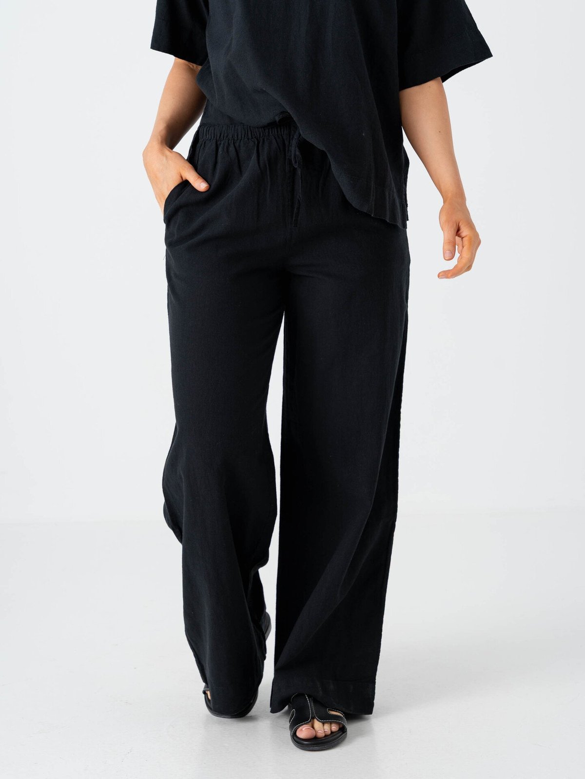 Selected Femme Luisa Mid Waist Wide Linen Blend Pant Black