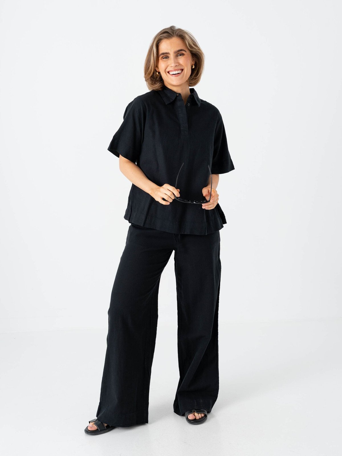 Selected Femme Luisa Mid Waist Wide Linen Blend Pant Black