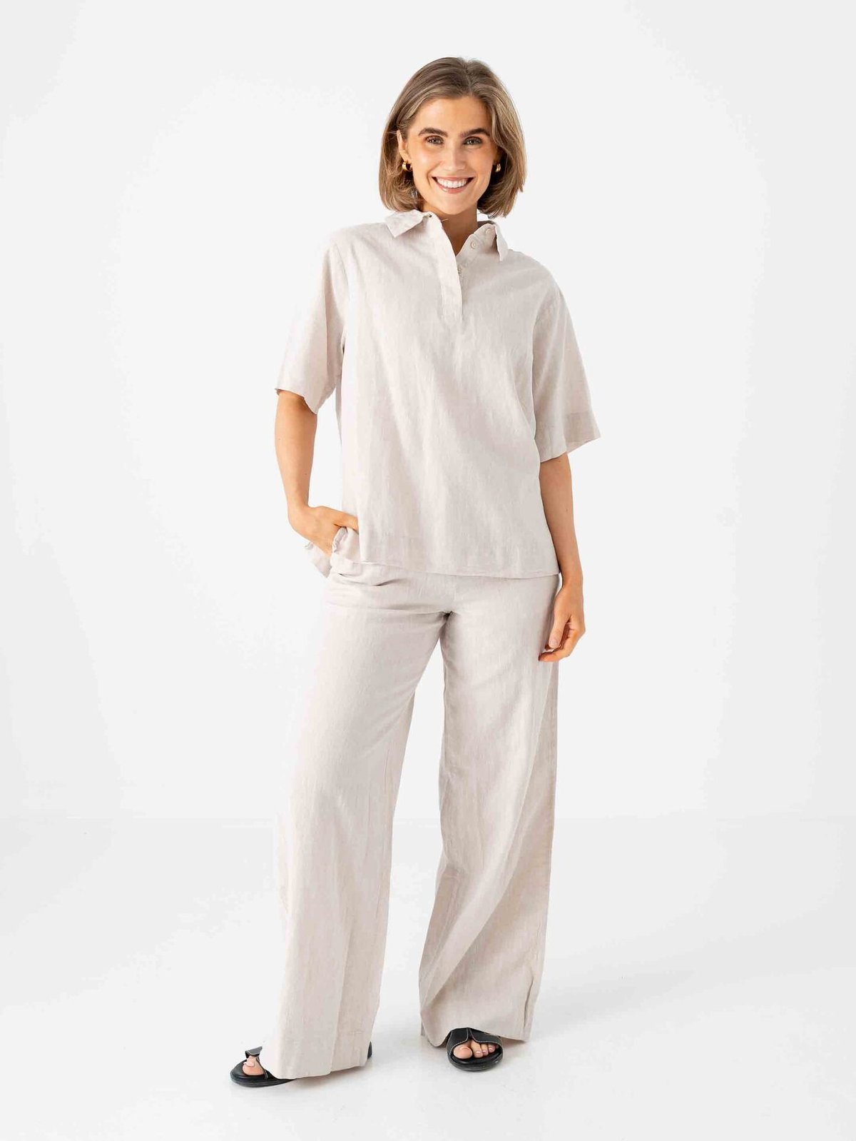 Selected Femme Luisa Mid Waist Wide Linen Blend Pant Sandshell