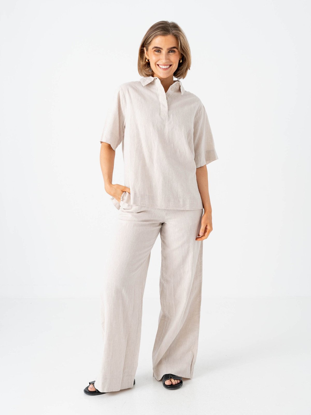 Selected Femme Luisa Mid Waist Wide Linen Blend Pant Sandshell