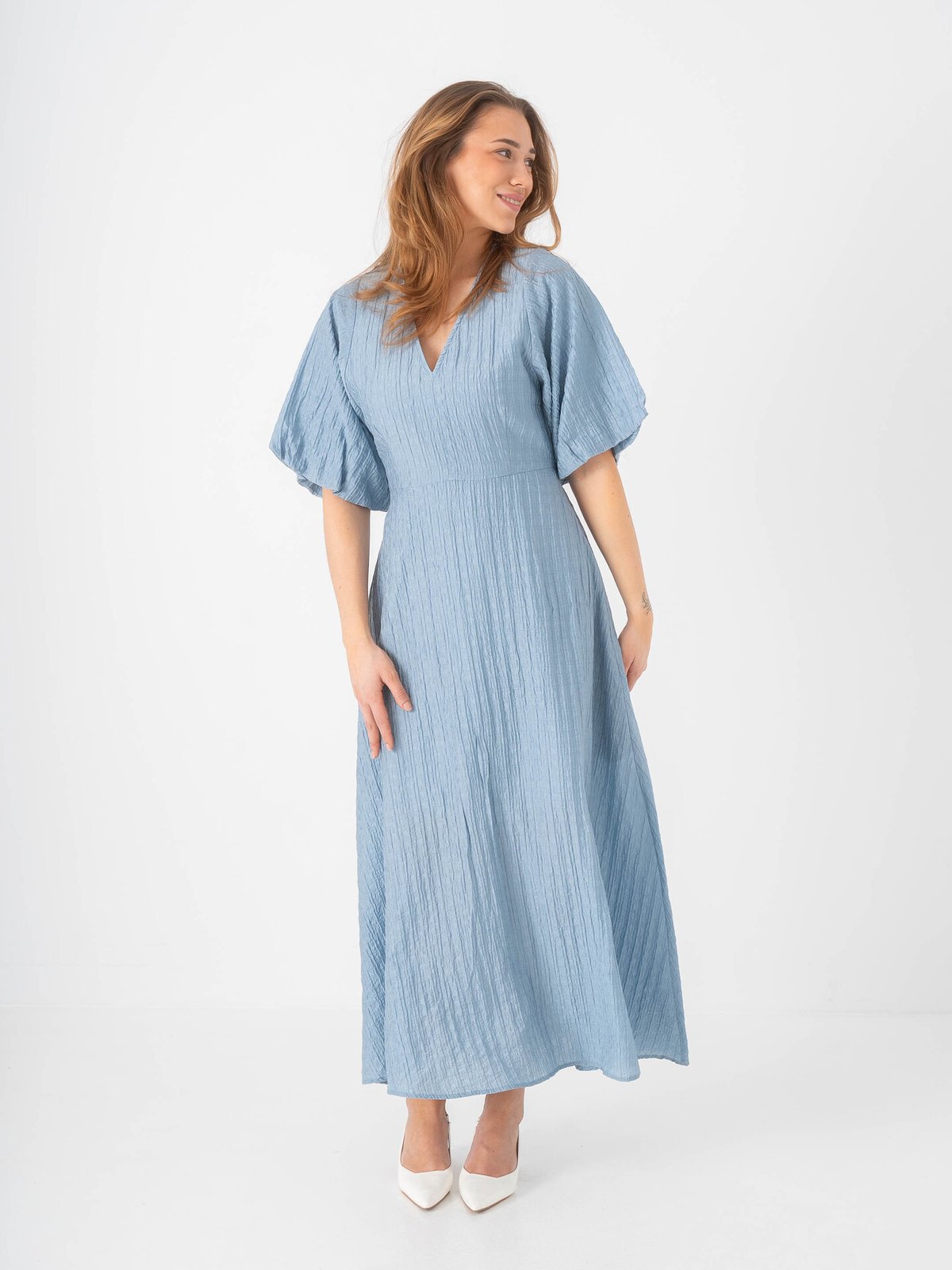 Selected Femme Maddie Short Sleeve Closed Back Midi Dress Dusty Blue