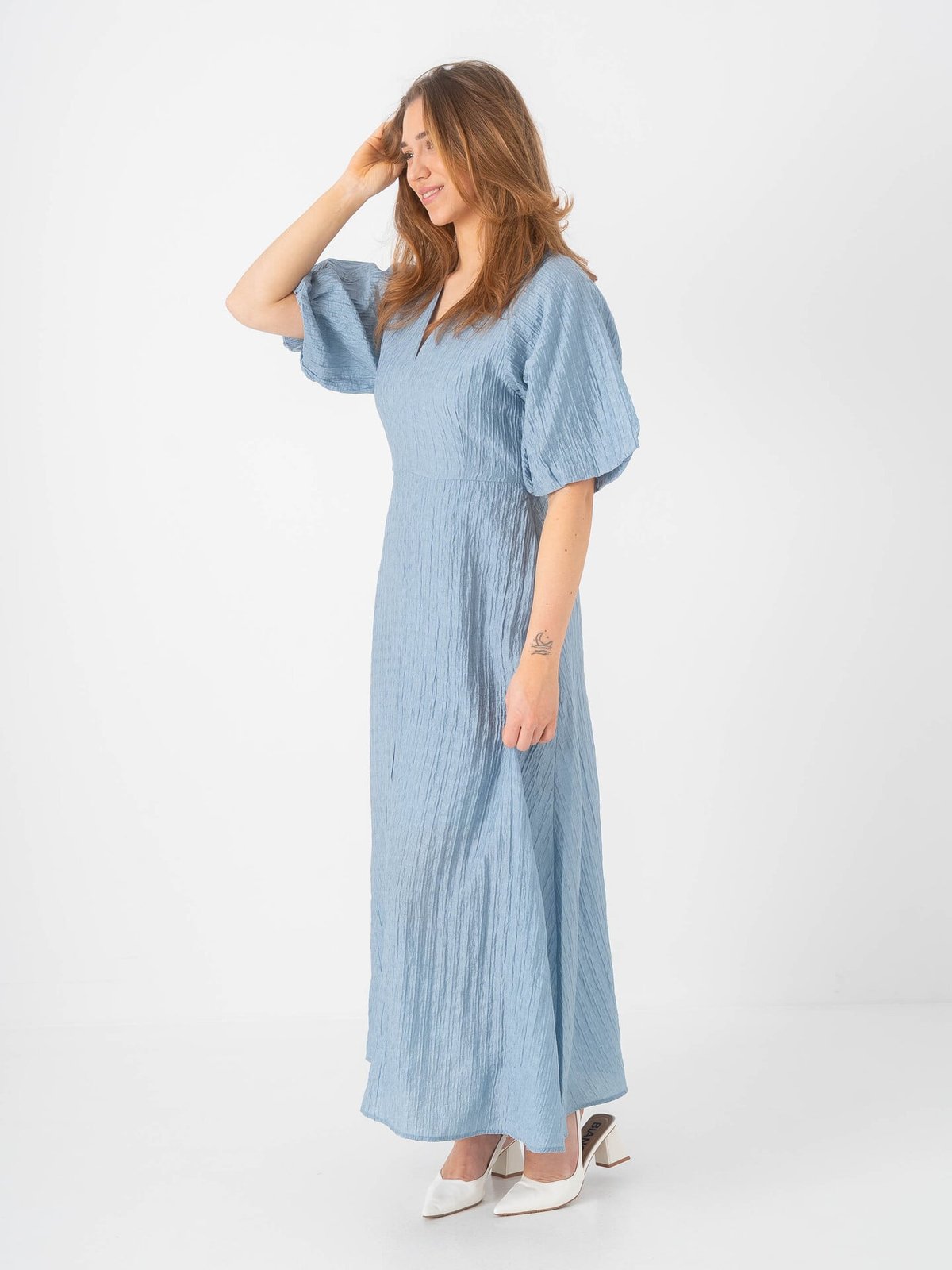 Selected Femme Maddie Short Sleeve Closed Back Midi Dress Dusty Blue