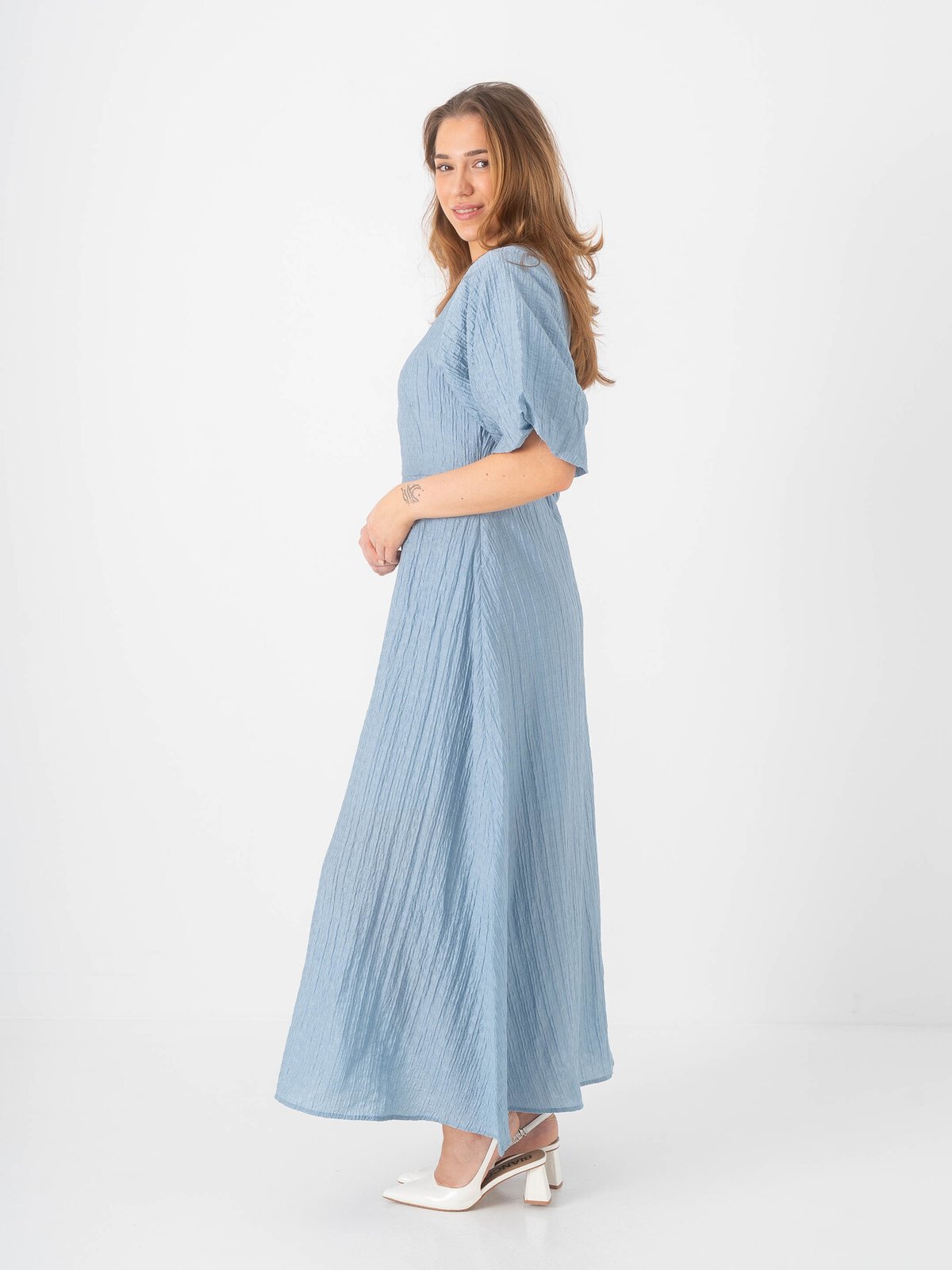 Selected Femme Maddie Short Sleeve Closed Back Midi Dress Dusty Blue