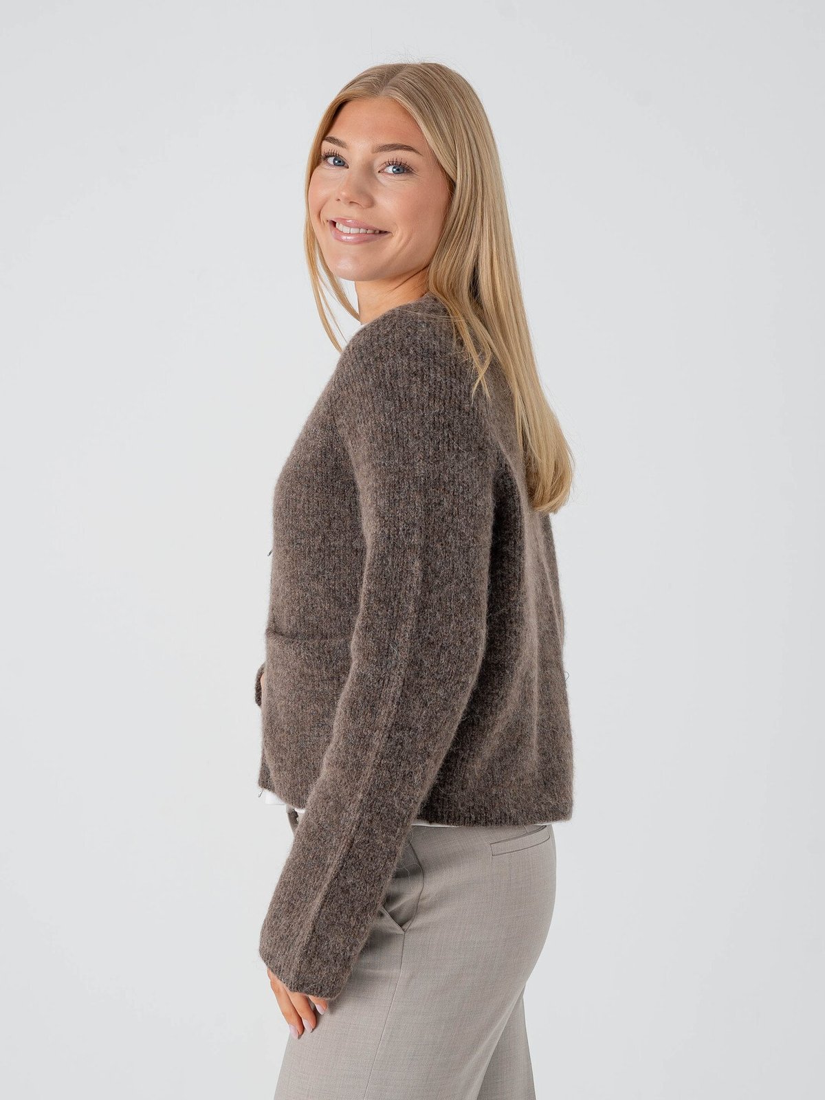 Selected Femme Sia Ras Long Sleeve Knit Short Cardigan Chocolate Chip