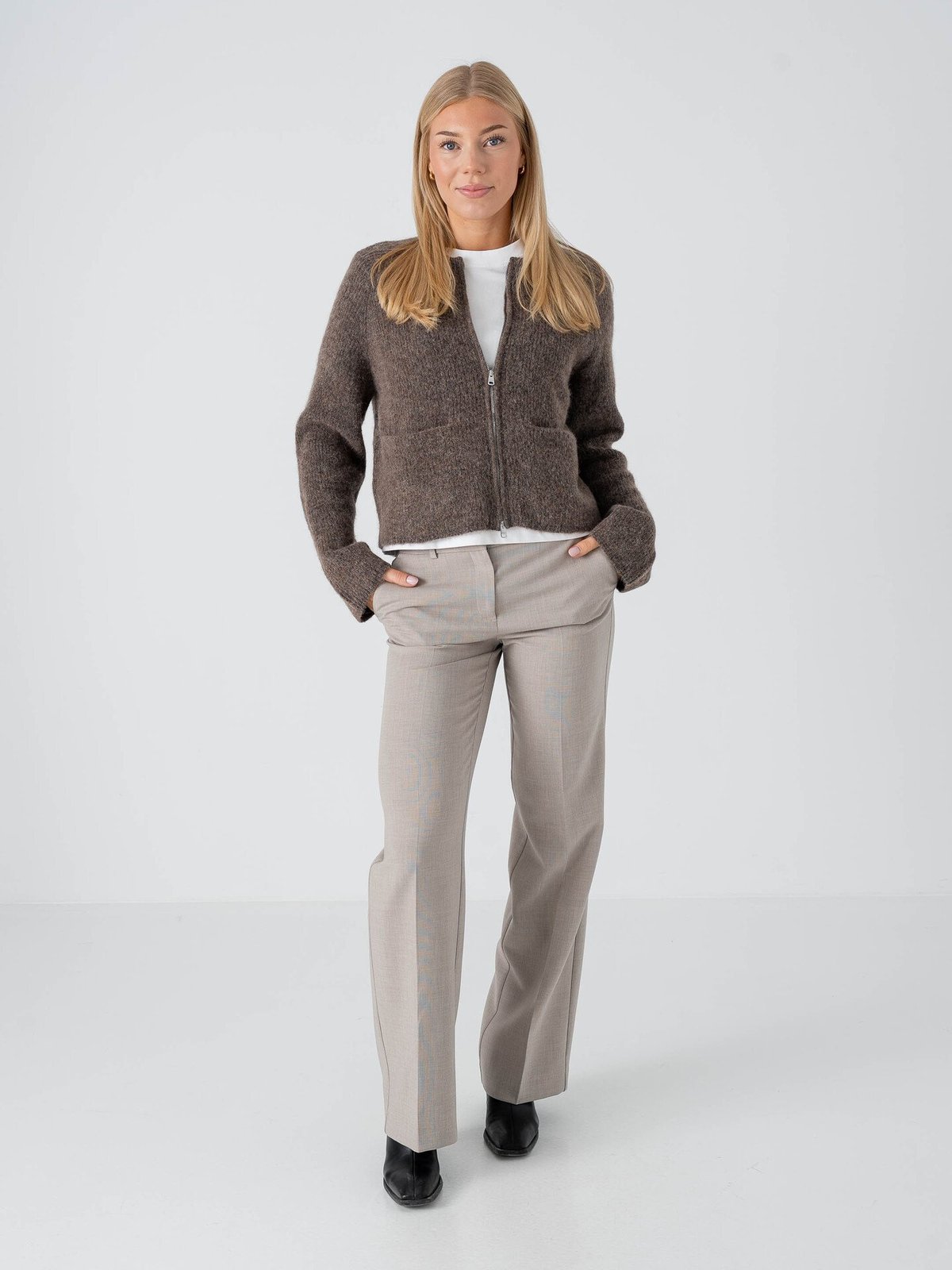 Selected Femme Sia Ras Long Sleeve Knit Short Cardigan Chocolate Chip