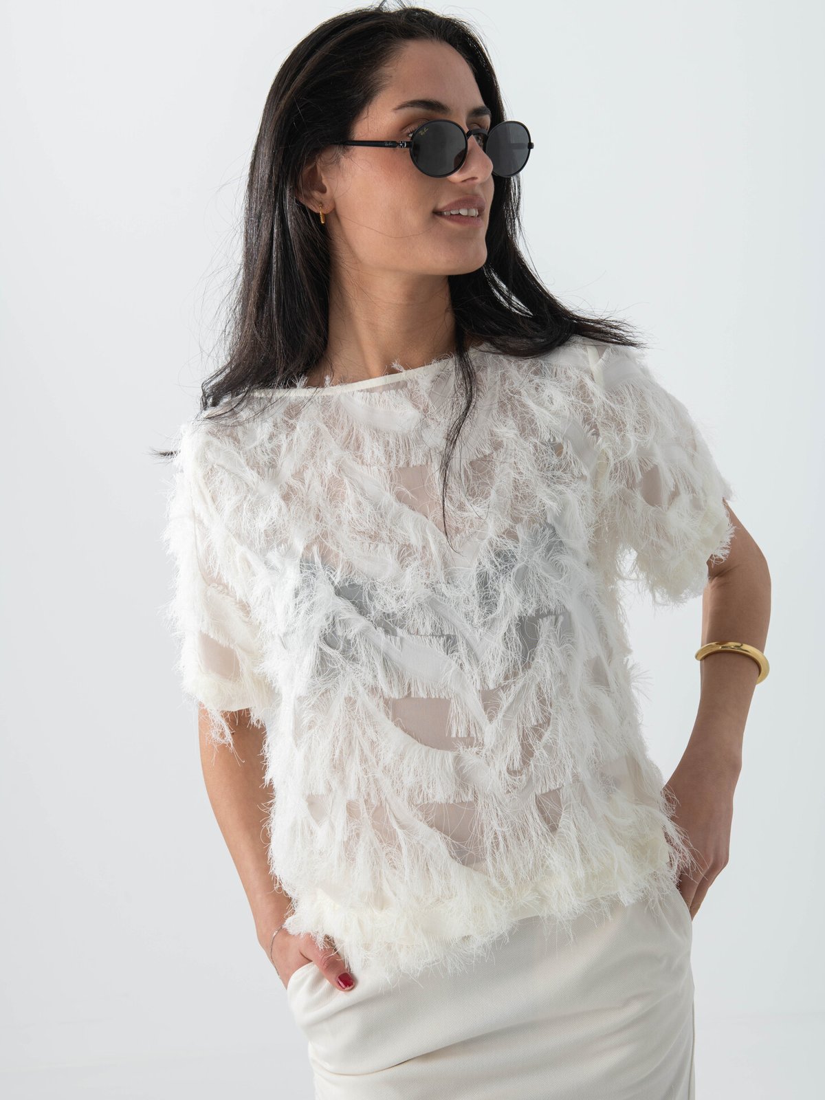 Selected Femme Myline Short Sleeve Boat Neck Top Egret