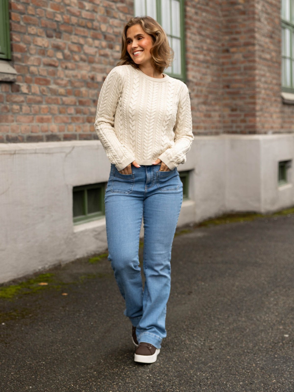 Selected Femme Braun Long Sleeve Knit Cable Short P-Neck Birch