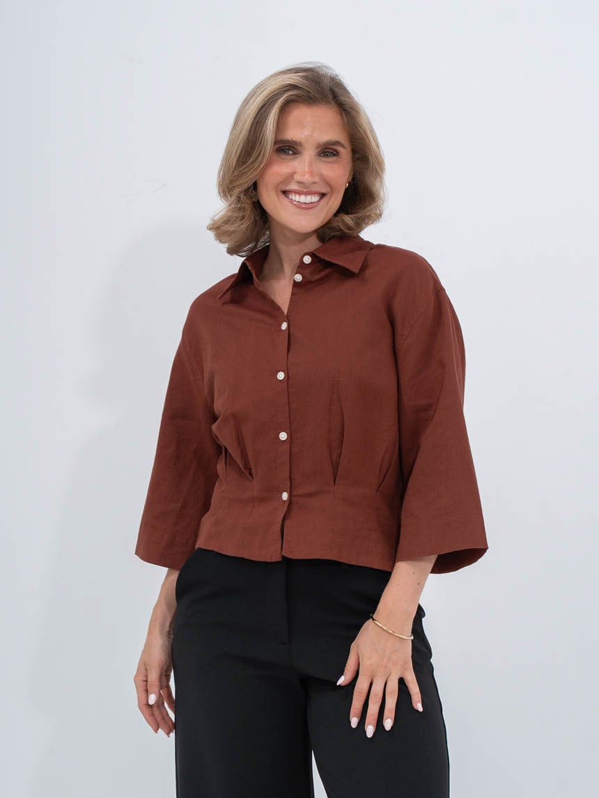 Selected Femme Cleo Regular 3/4 Cropped Shirt Cherry Mahogany