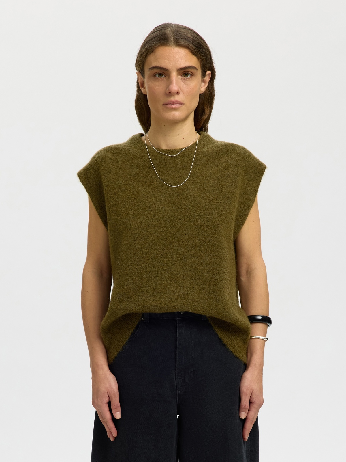Selected Femme Lulu Short Sleeve Knit Vest Fir Green Melange