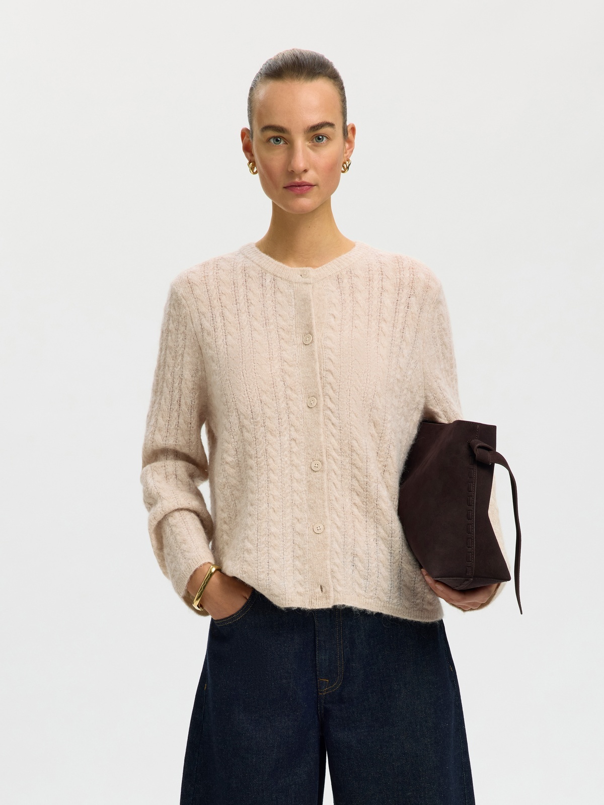 Selected Femme Lulu New Long Sleeve Knit Cable Cardigan Birch Melange