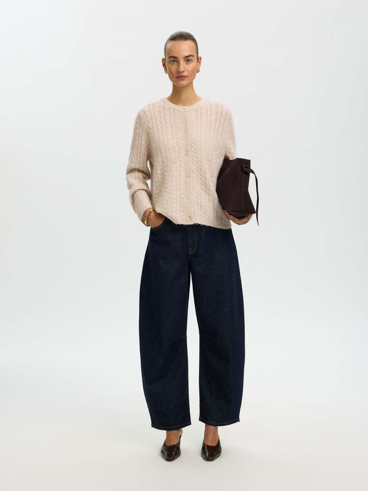 Selected Femme Lulu New Long Sleeve Knit Cable Cardigan Birch Melange