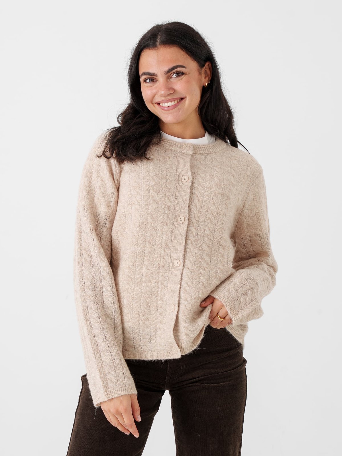 Selected Femme Lulu New Long Sleeve Knit Cable Cardigan Birch Melange