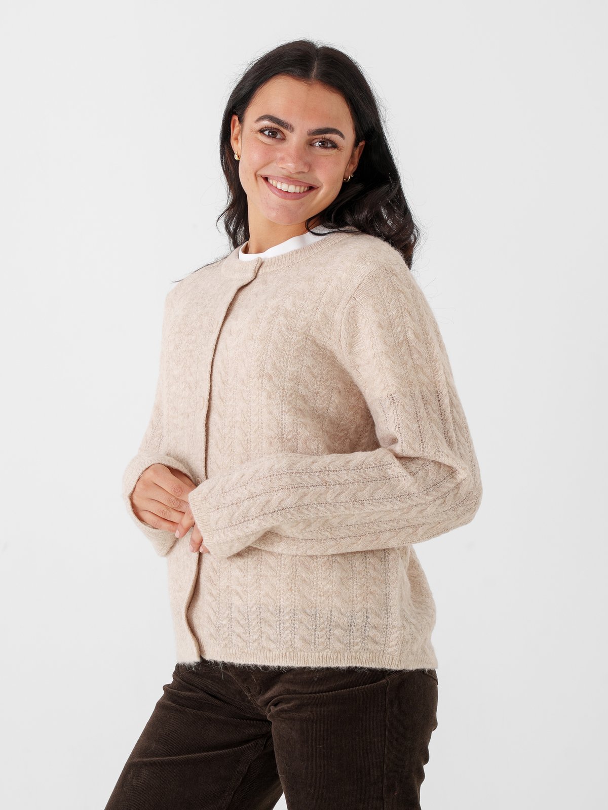 Selected Femme Lulu New Long Sleeve Knit Cable Cardigan Birch Melange