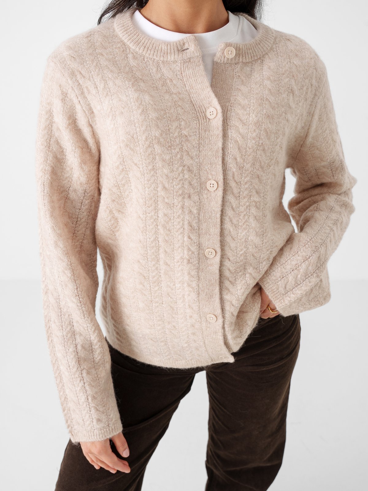 Selected Femme Lulu New Long Sleeve Knit Cable Cardigan Birch Melange