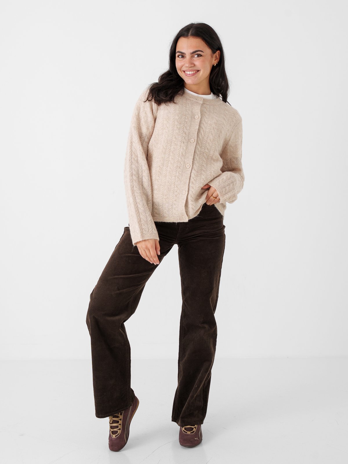 Selected Femme Lulu New Long Sleeve Knit Cable Cardigan Birch Melange