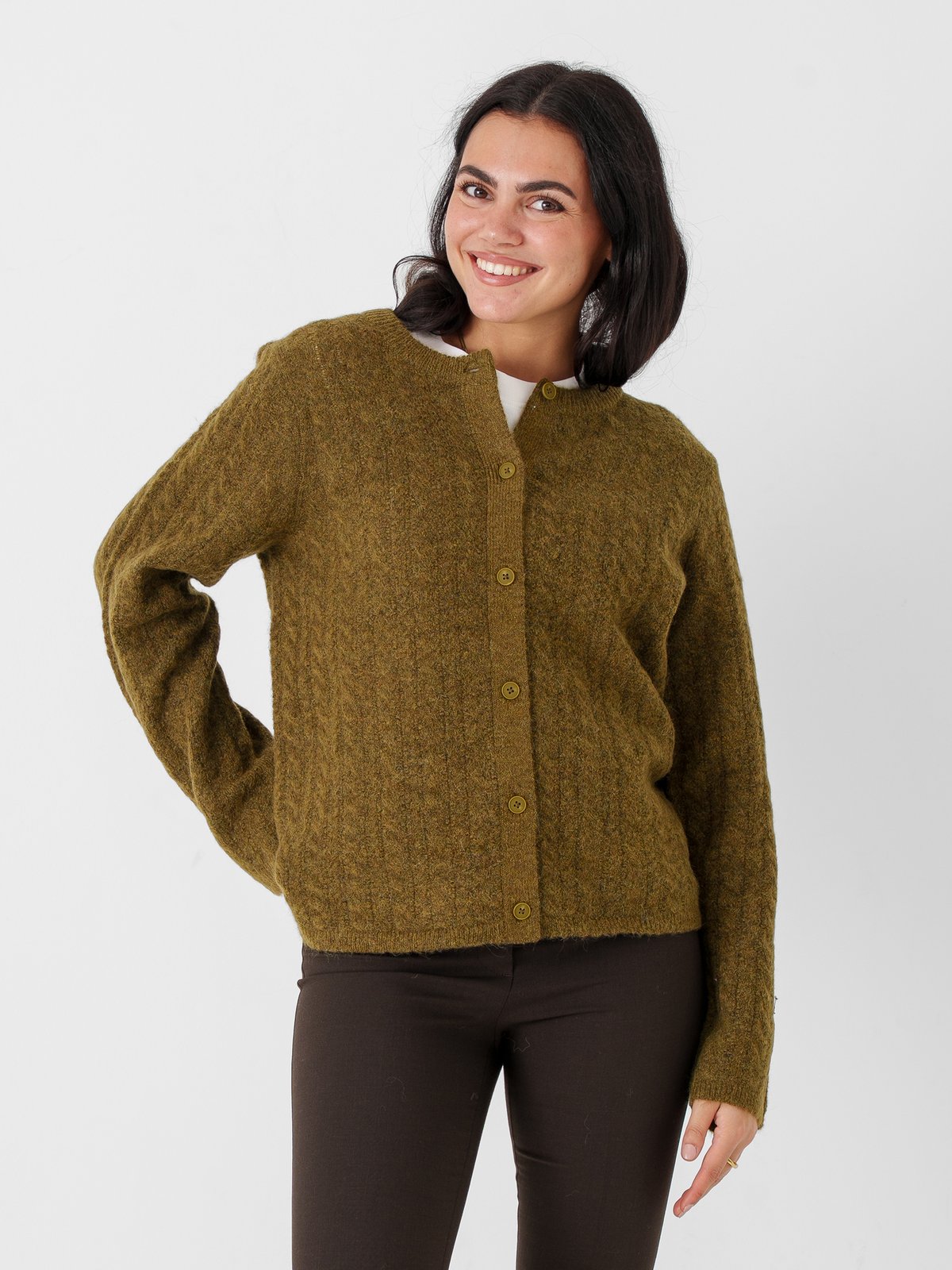 Selected Femme Lulu New Long Sleeve Knit Cable Cardigan Fir Green Melange