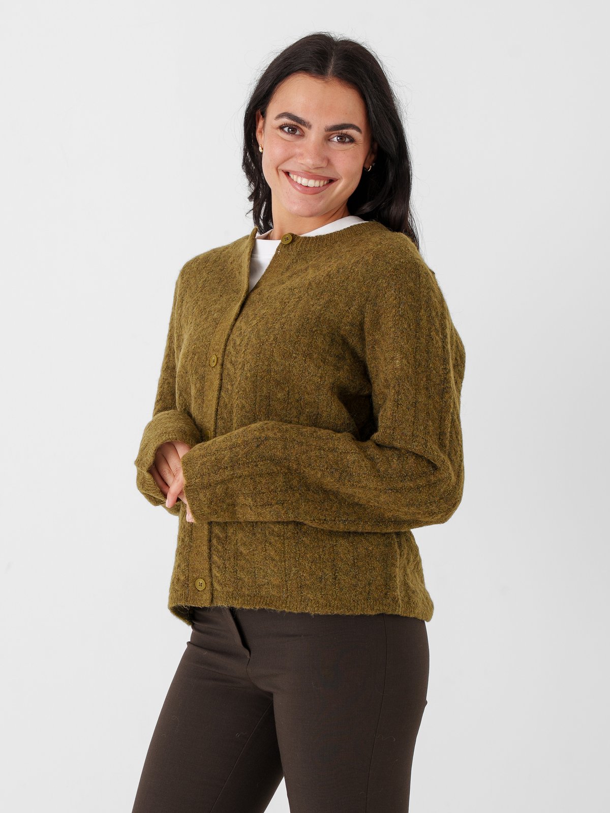 Selected Femme Lulu New Long Sleeve Knit Cable Cardigan Fir Green Melange