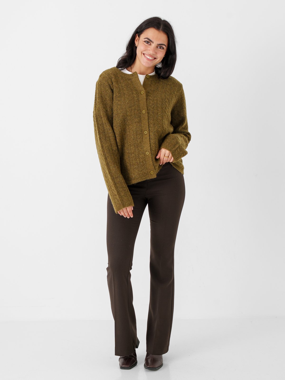 Selected Femme Lulu New Long Sleeve Knit Cable Cardigan Fir Green Melange