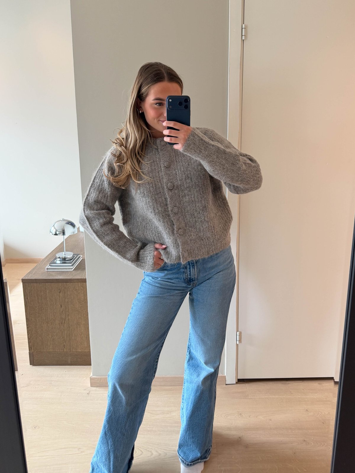 Selected Femme Gabriella Long Sleeve Knit Button Cardigan Steel Gray Melange