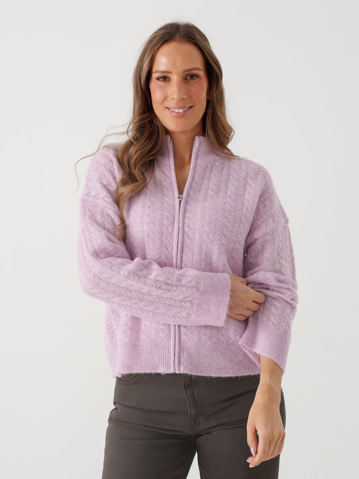 Selected Femme Lulu Cable Long Sleeve Knit Zipper Cardigan Winsome Orchid Melange