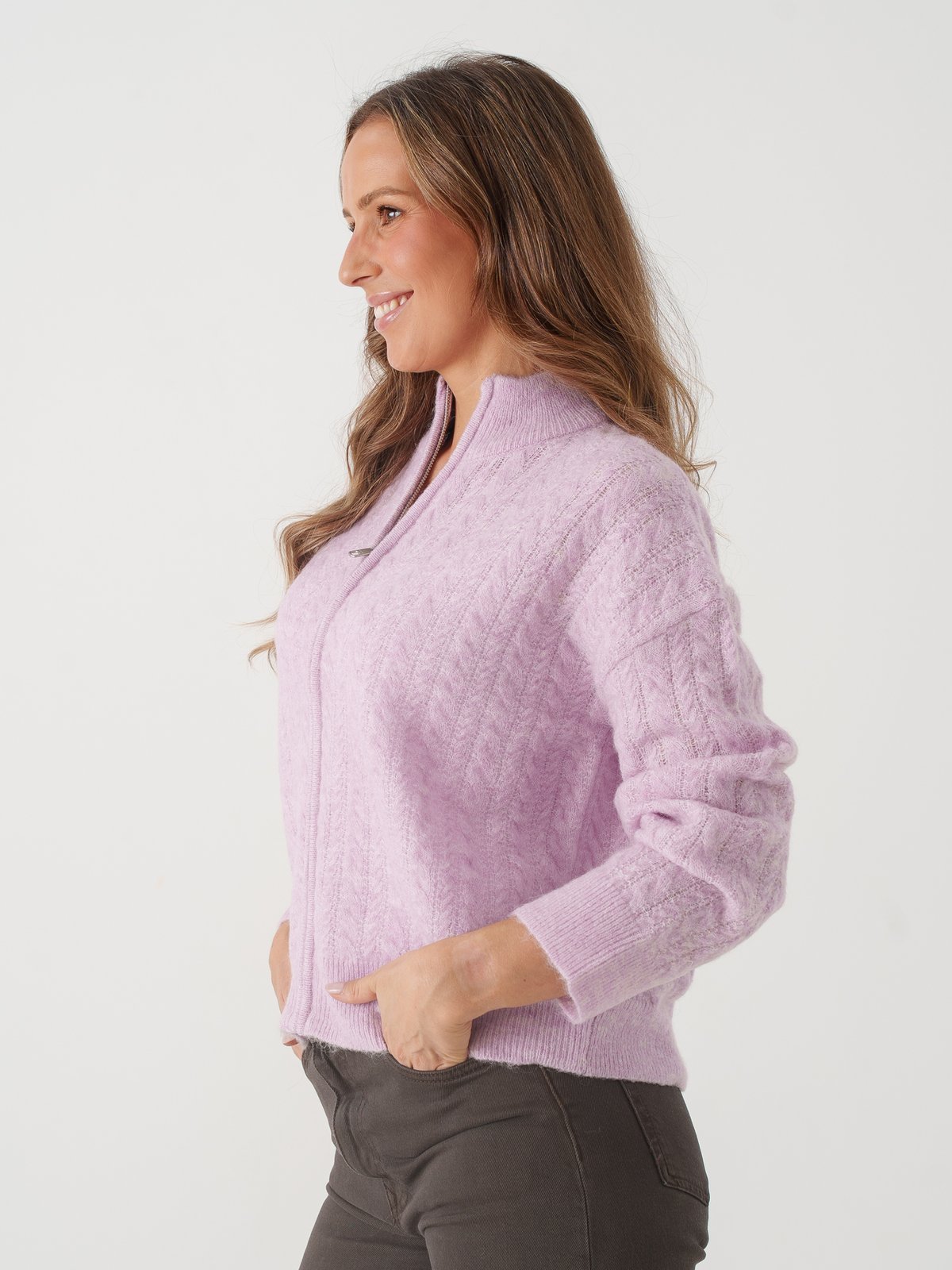 Selected Femme Lulu Cable Long Sleeve Knit Zipper Cardigan Winsome Orchid Melange