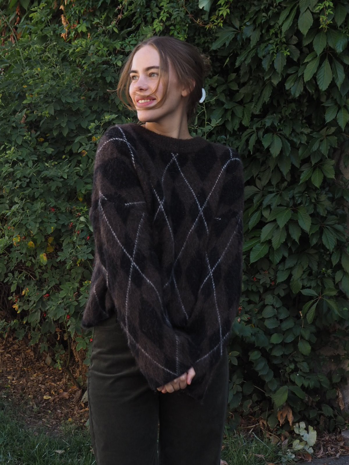 Selected Femme Lulu Brushed Long Sleeve Argyle Knit O-Neck Delicioso Black + Birch