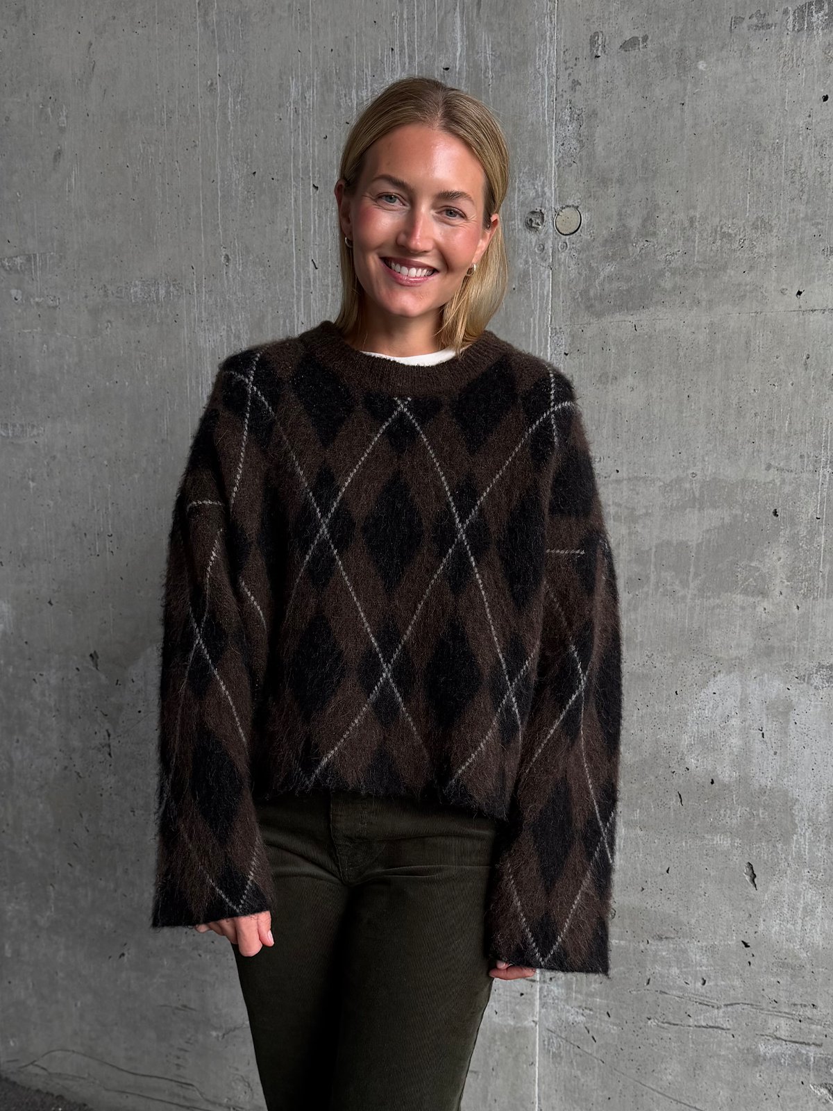 Selected Femme Lulu Brushed Long Sleeve Argyle Knit O-Neck Delicioso Black + Birch