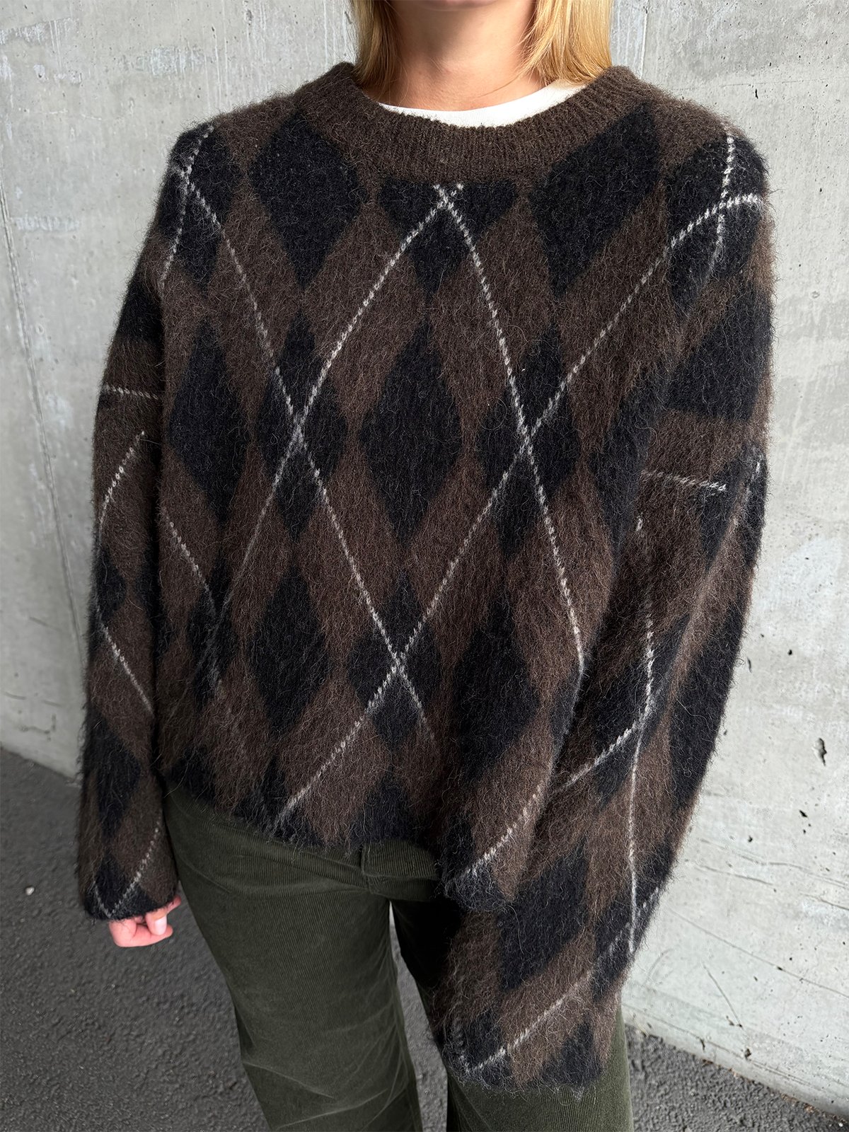 Selected Femme Lulu Brushed Long Sleeve Argyle Knit O-Neck Delicioso Black + Birch