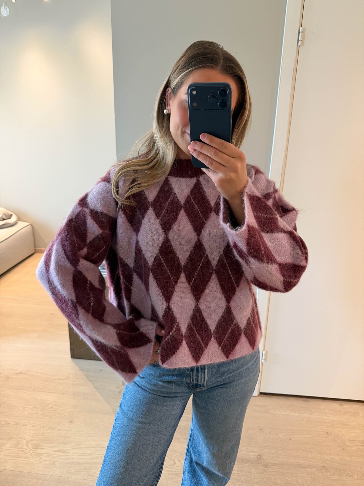 Selected Femme Lulu Brushed Long Sleeve Argyle Knit O-Neck Tawny Port Windsome Orchid + Birch