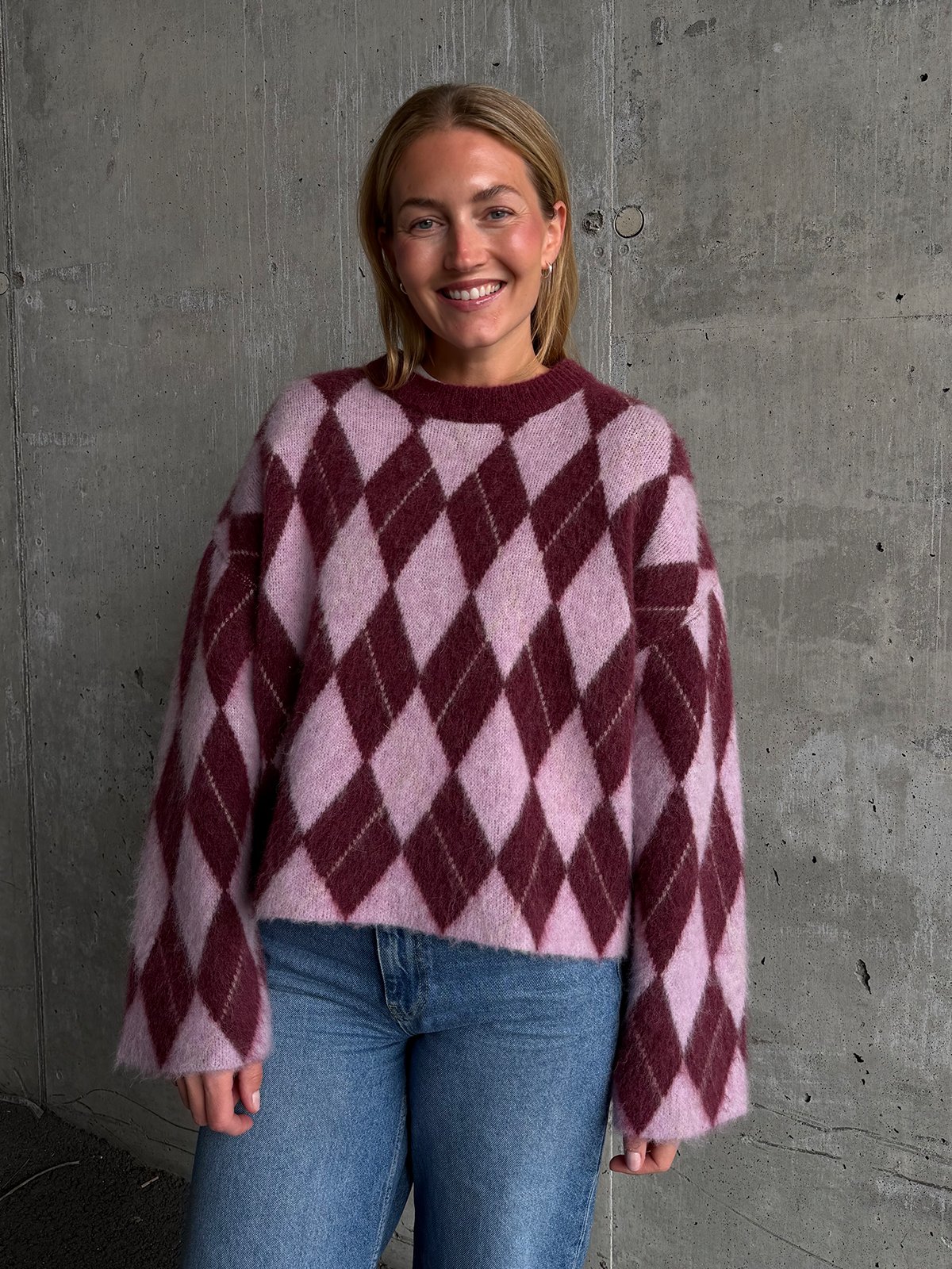 Selected Femme Lulu Brushed Long Sleeve Argyle Knit O-Neck Tawny Port Windsome Orchid + Birch