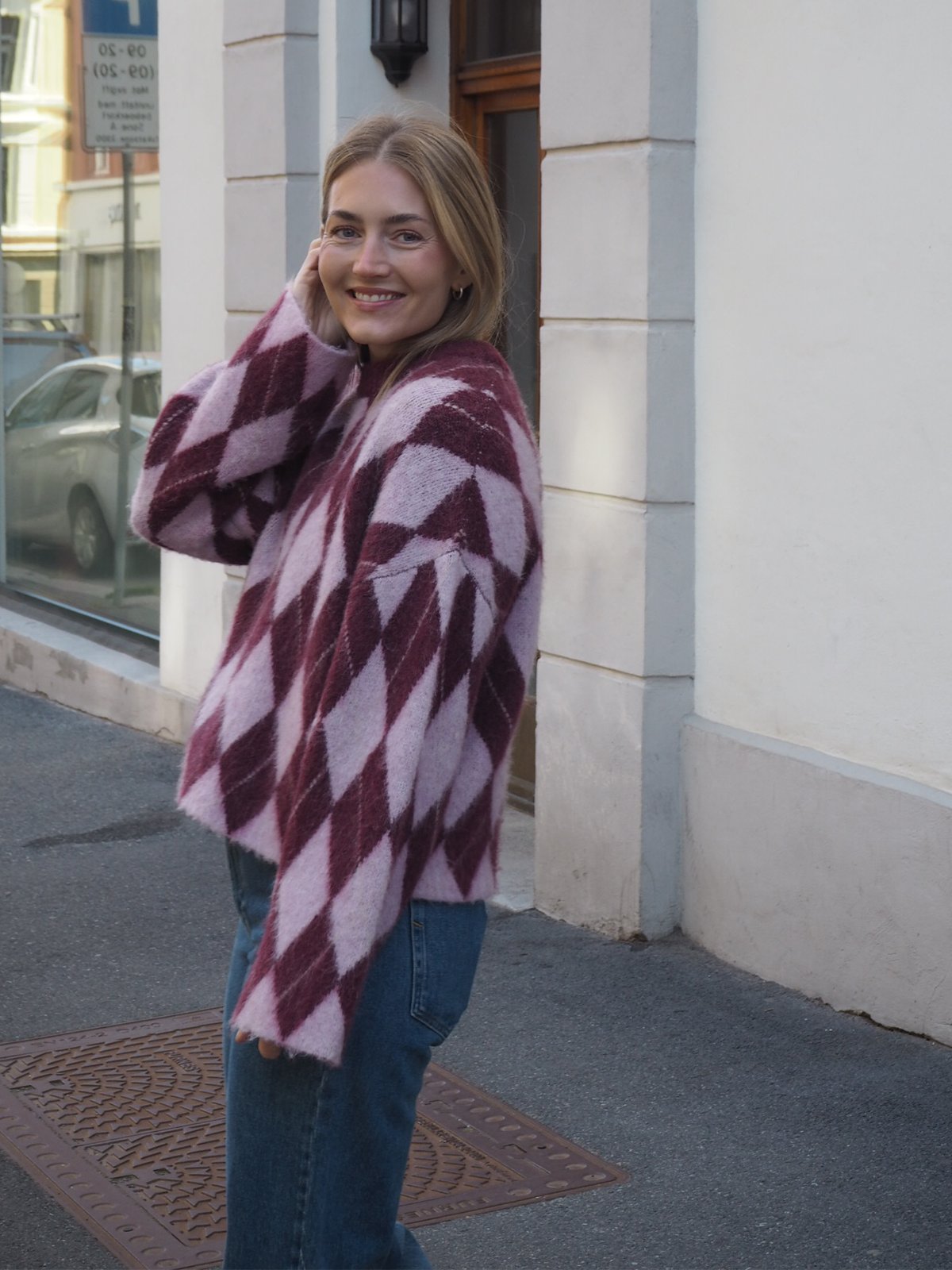 Selected Femme Lulu Brushed Long Sleeve Argyle Knit O-Neck Tawny Port Windsome Orchid + Birch