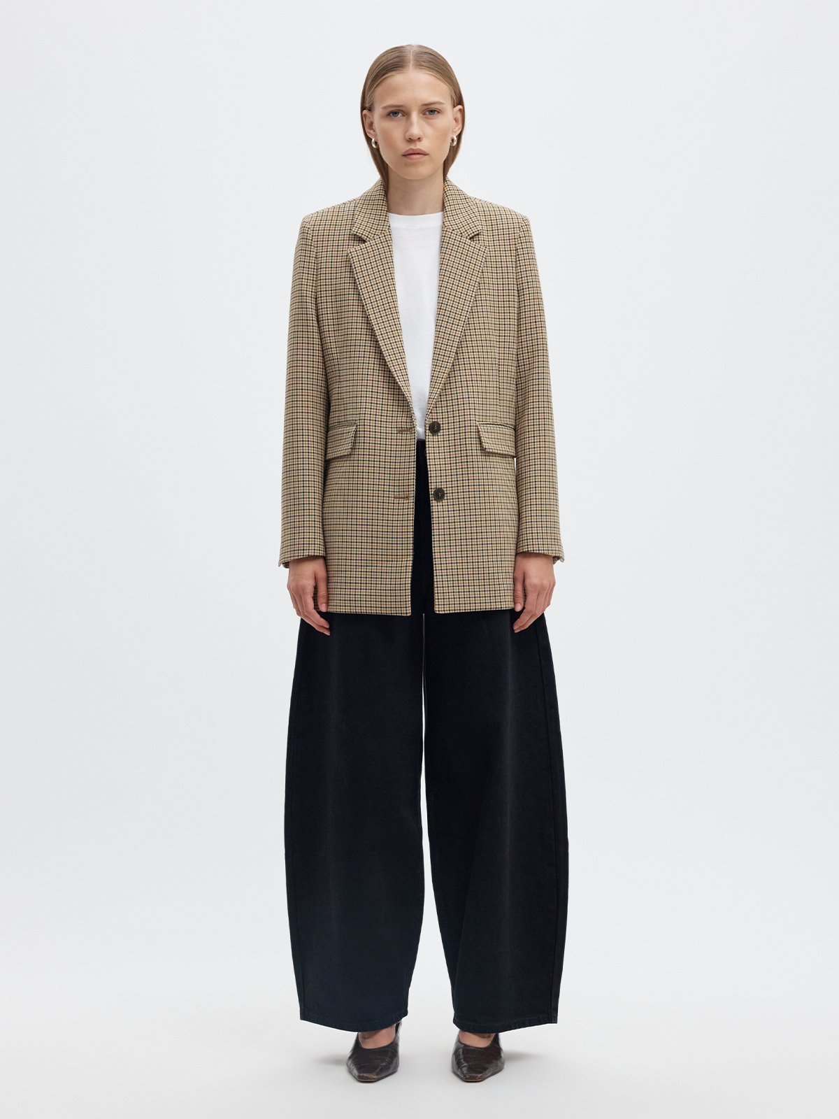 Selected Femme Rita Long Sleeve Relaxed Blazer Check Monks Robe
