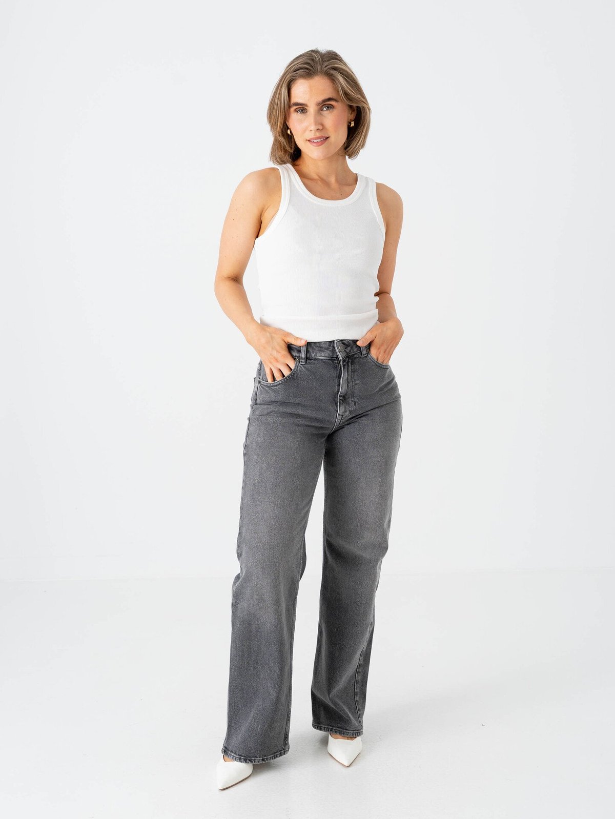 Selected Femme Wide Bea Kori High Waist Jeans Medium Grey Denim