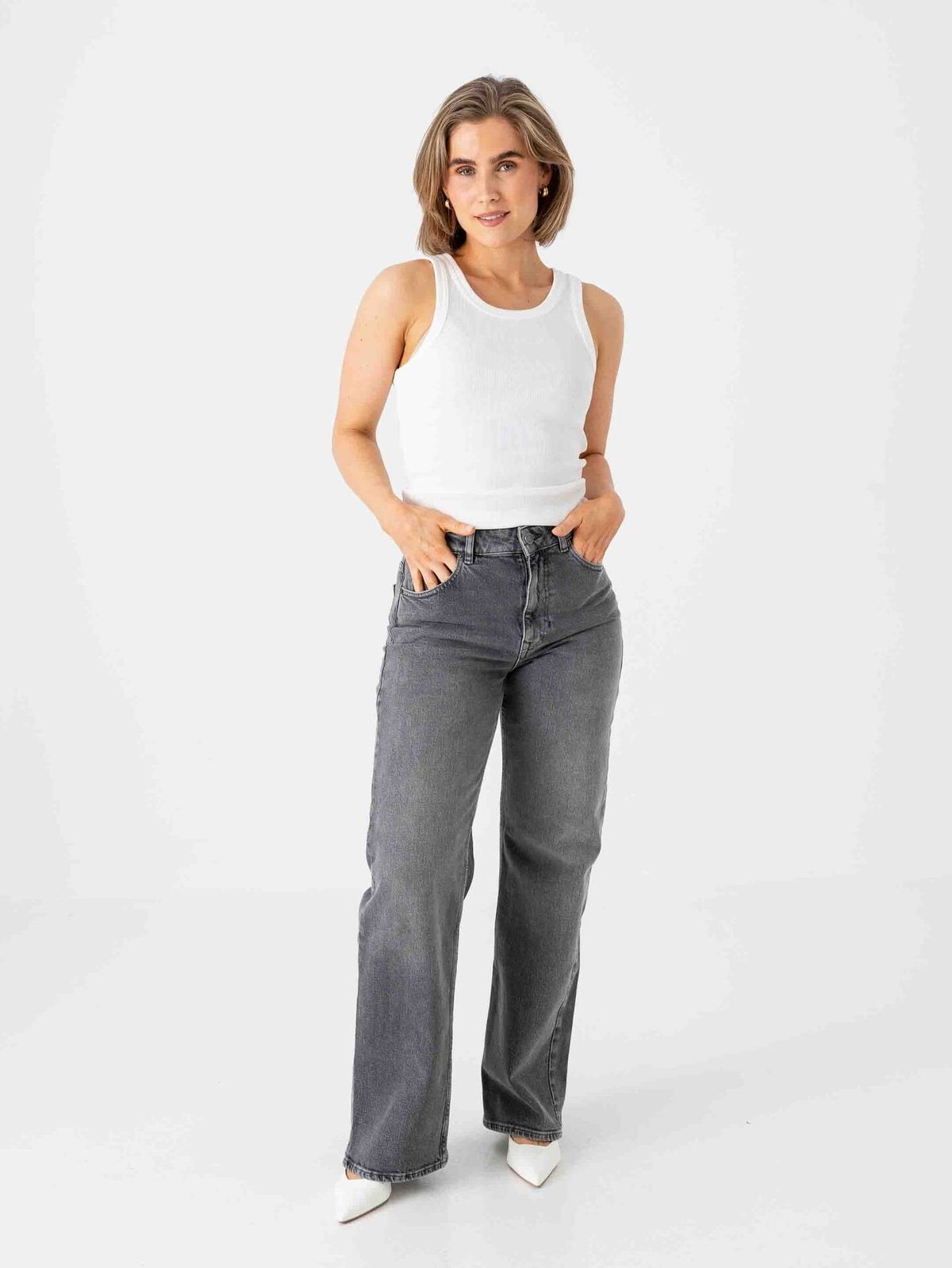 Selected Femme Wide Bea Kori High Waist Jeans Medium Grey Denim