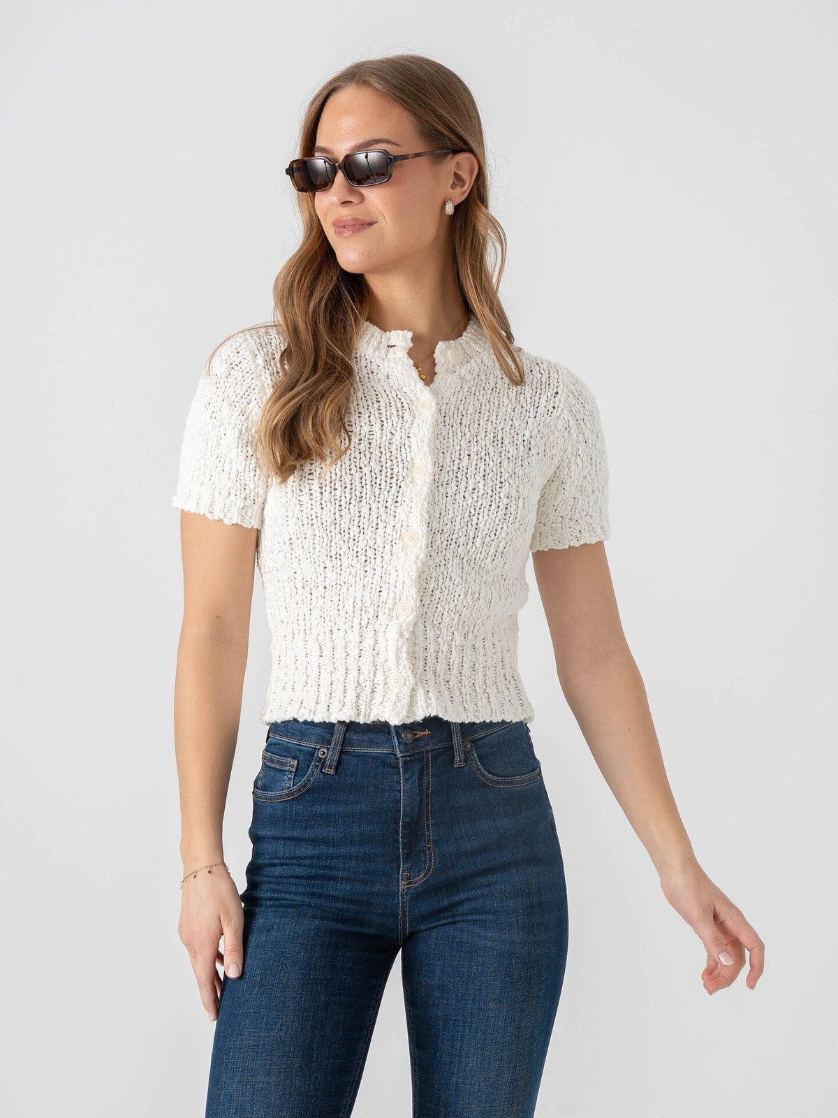 Topshop Ivy Short Sleeve Collar Cardigan Pearled Ivory