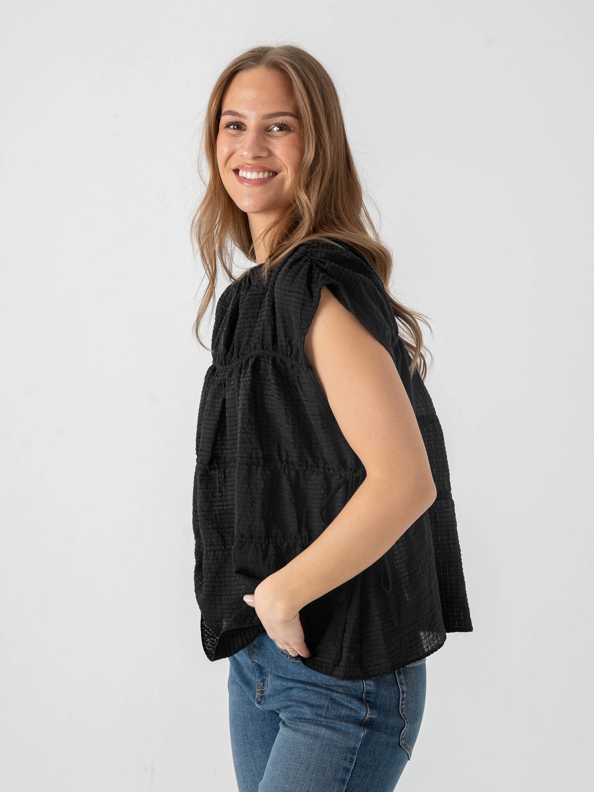 Topshop Ena Short Sleeve Tie Top Black