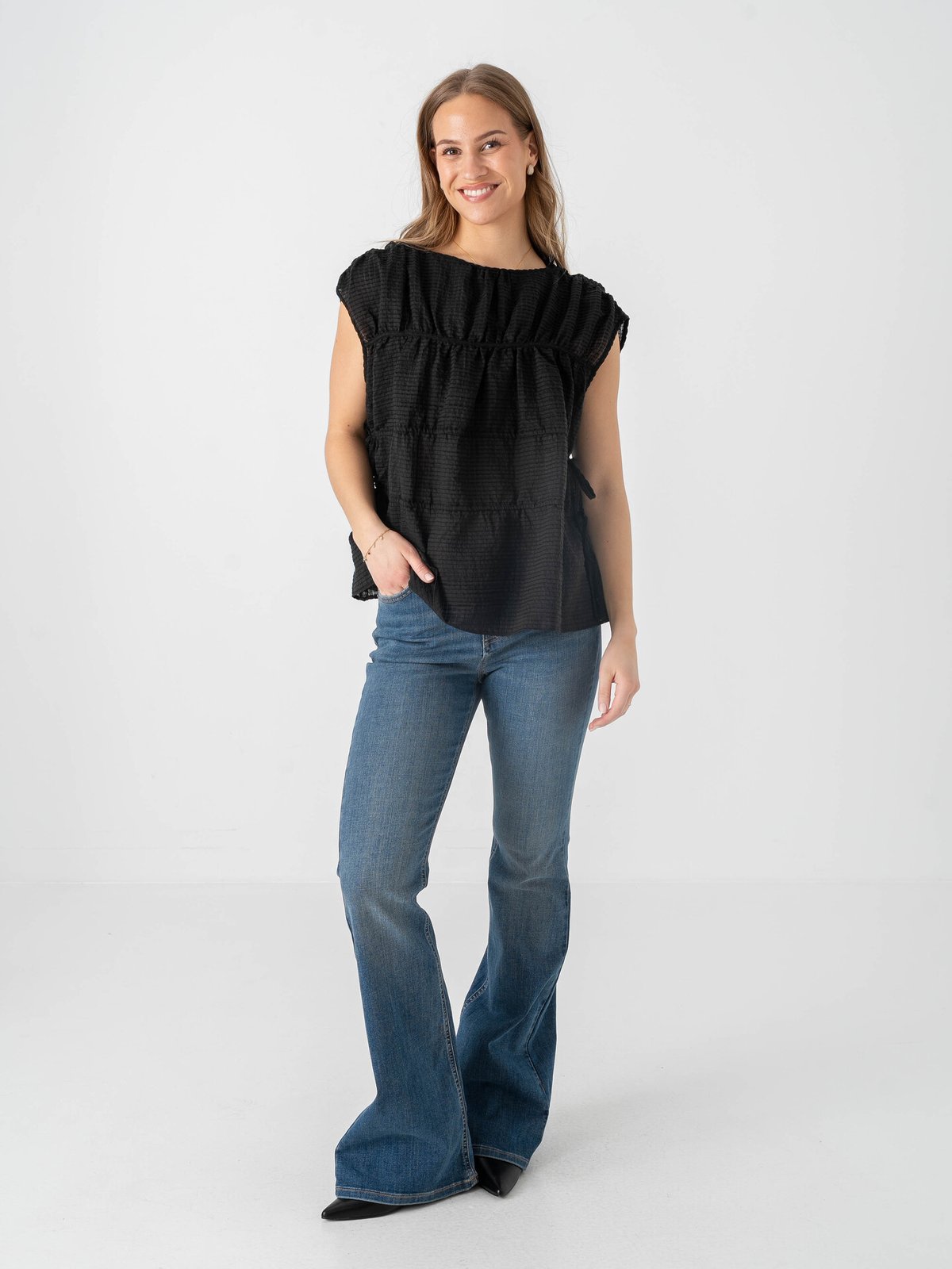 Topshop Ena Short Sleeve Tie Top Black